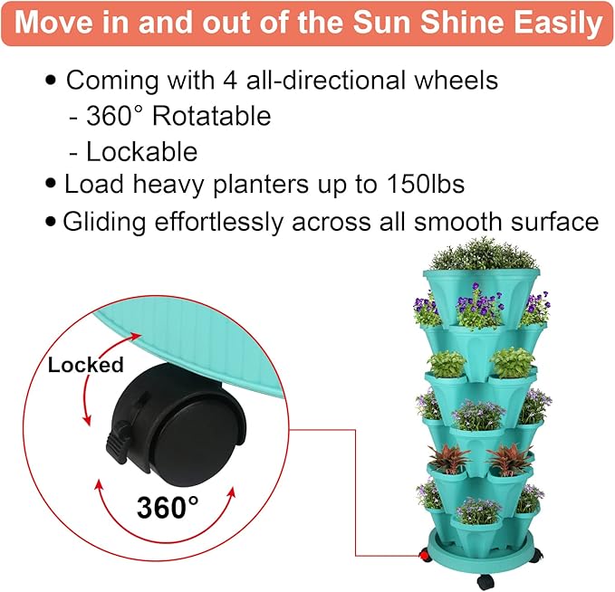 Vertical Planter 6 Tier Stackable Planters Garden Planters Strawberry Herb Flower and Vegetable Planter Indoor Outdoor Gardening Pots with Removable Wheels and Tools