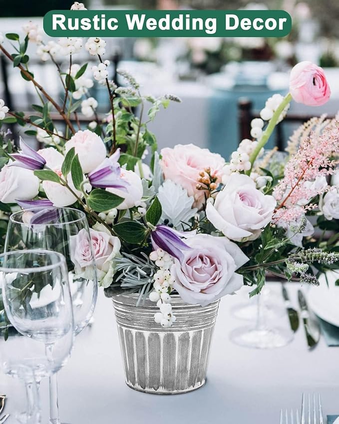 vensovo 5 Inches Silver Metal Rustic Flower Pots - 6 Pcs Small Galvanized Planters with Drainage Hole and Rubber Plug, Rustproof Tin Bucket Plant Pot Farmhouse Vintage Style for Decor