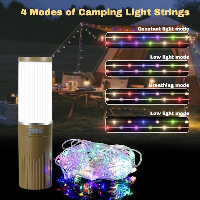 Camping Lantern with 49.2FT String, 2 in 1 Outdoor RGB String Lights with 4 Modes & 5 Modes Rechargeable Camping Lamp IPX4 Waterproof Portable LED Tent Light for Outdoor Yard Garden Decoration