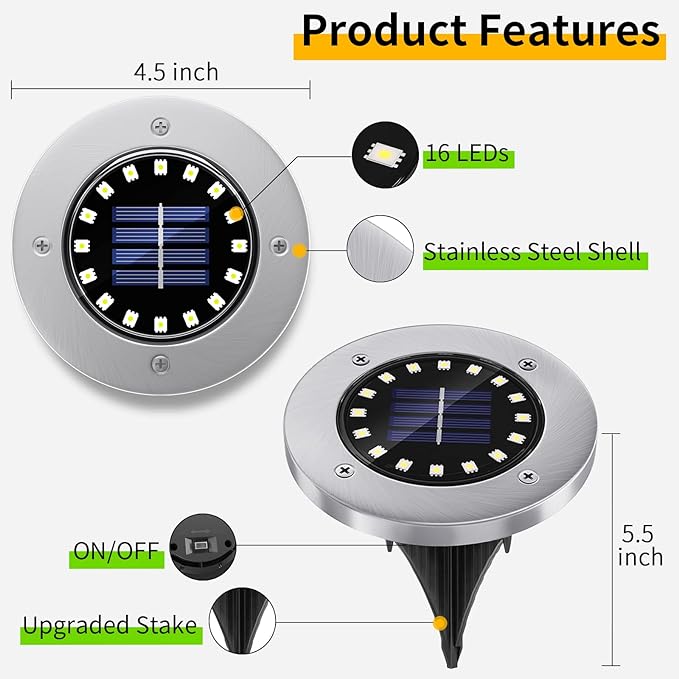 NFESOLAR Solar Lights Outdoor with 16 LEDs, Bright Solar Ground Lights Outdoor Waterproof Solar Pathway Lights for Yard Garden Lawn Walkway Driveway (White 8 Pack)