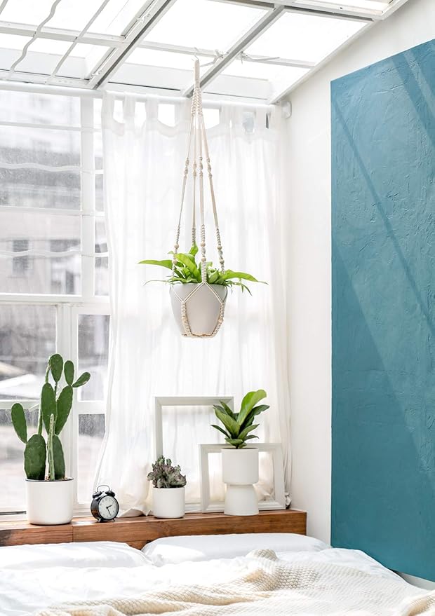 Mkono 43 Inch Macrame Plant Hanger Large for up to 12 Inch Pot Extra Long Hanging Plant Holder No Tassels Hanging Planter Basket with Wood Beads for Indoor Outdoor Boho Home Decor, Ivory