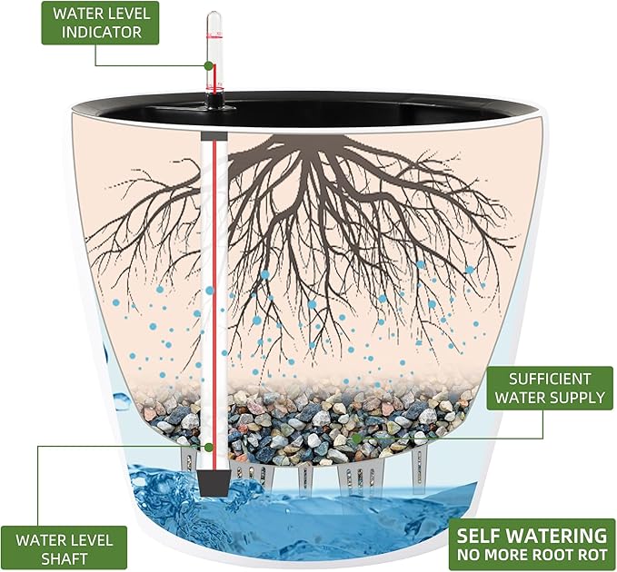 Dexceder 18x17 Self Watering Planter with Wheels Indoor Outdoor, Inner Pot Design, Thickened Large Floor Standing Flower Plant Pot with Water Level Indicator (White Matte)