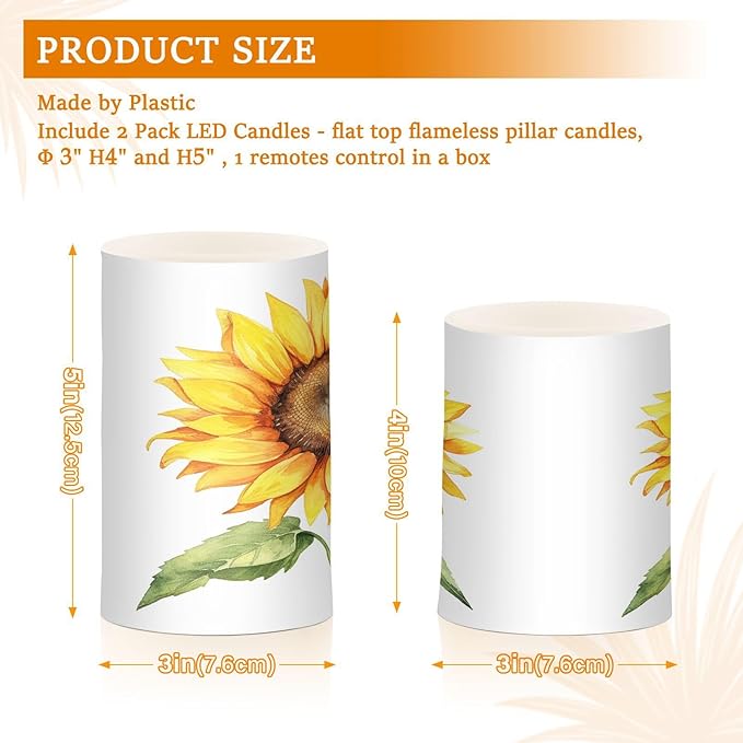 Flickering Flameless Candles, Beautiful Sunflower LED Candles with Remote Timer, Set of 2 Battery Operated Candle for Valentine Wedding Birthday