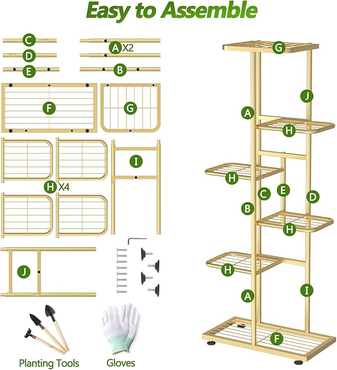 6 Tier 7 Potted Gold Plant Stand Indoor Outdoor with Gardening Tools and Gloves, Upgraded Corner Metal Plant Rack Shelf for Multiple Plants, Tall Flower Pot Holder Display for Patio, Balcony,