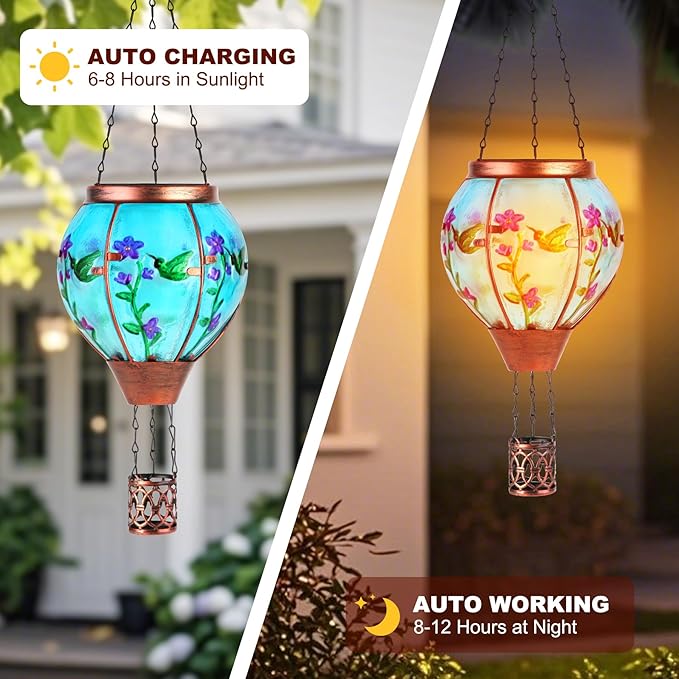 Hummingbird Solar Hot Air Balloon Lantern,Outdoor Decor with Flame Lights Waterproof, Hanging for Garden Yard Lawn Patio, Unique Gifts for Women Mom Grandma Gardener for Mother'Day Christmas