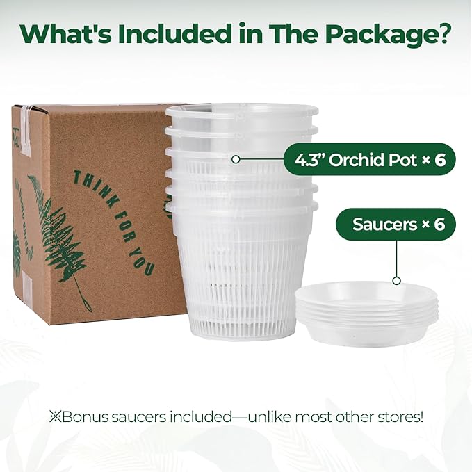 T4U Orchid Pot, 6 Pack 4.3 Inch Orchid Pots with Holes and Saucers, Clear Orchid Pots for Repotting, Plastic Flower Plant Pot for Indoor Outdoor Plants, Slotted Orchids Planter for Root Health