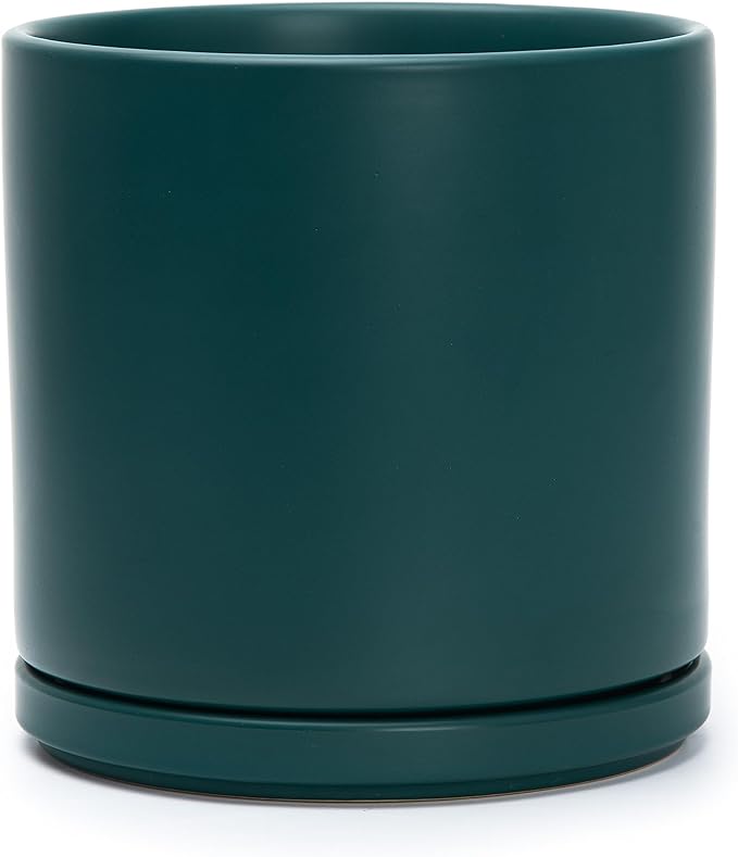 D'vine Dev 8 Inch Ceramic Planter Pot with Drainage Hole and Saucer, Indoor Cylinder Round Planter Pot, Teal, 94-O-D-9