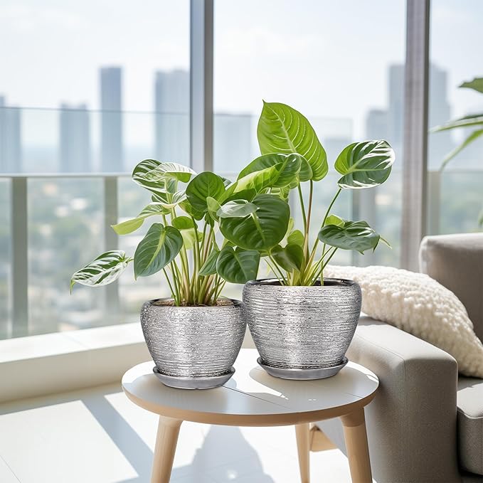 Ceramic Planters - 10 Inch 8 Inch 6 Inch Plant Pots Indoor with Drainage Holes and Saucer Mid-Century Large Planters Outdoor Flower Pots for Home Decor Set of 3 Silver