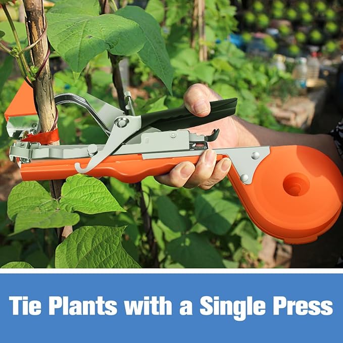 FUNTECK Plant Tying Machine to Tie Tomatoes Peppers and Cucumbers Quickly and Easily, Great for Gardeners Farmers, Including Spare Parts, Tapes and Staples, Orange