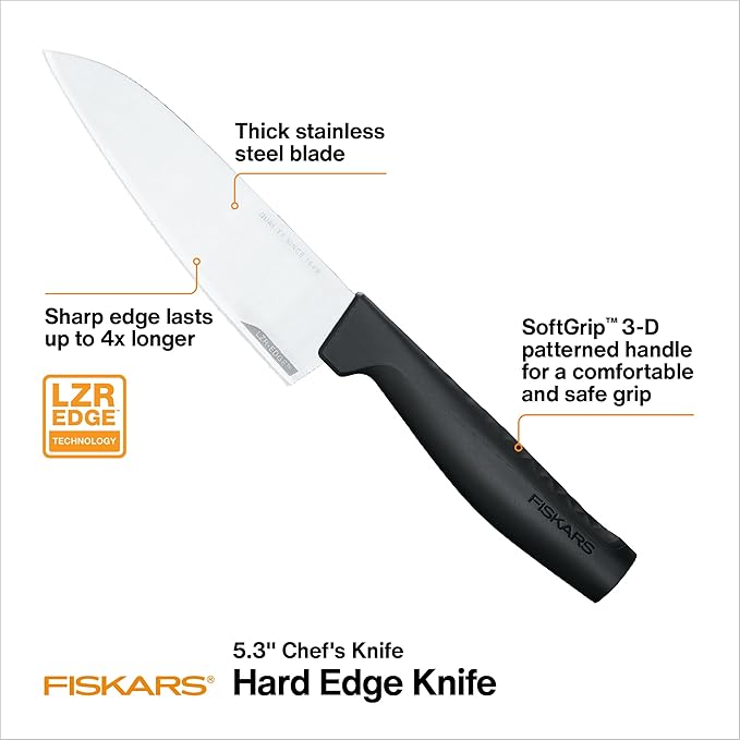 Fiskars Hard Edge Small 5.3" Chef Knife - Japanese Stainless Steel Blade Stays Sharp for Everyday Use - Non-Slip Handle for Effortless Cutting - Dishwasher Safe