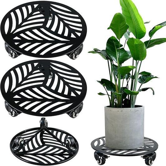 2 Packs Metal Plant Caddy with 3 Wheels 12” Heavy-duty Wrought Iron Rolling Plant Stands with Casters Indoor and Outdoor Plant Pot Roller Base Plant Saucer Movers Black, Strong Load Capacity