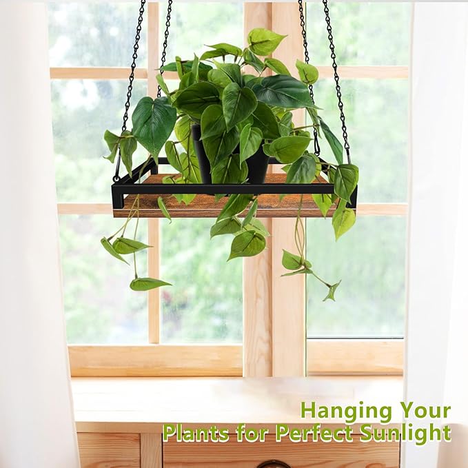 Plant Hanger Indoor, 16" Wooden Hanging Plant Holder with Metal Frame Large Hanging Planter for Indoor Plants Load 50LB Hanging Plant Shelf with 27.6" Long Chain, Ideal for Heavier Pots Window Ceiling