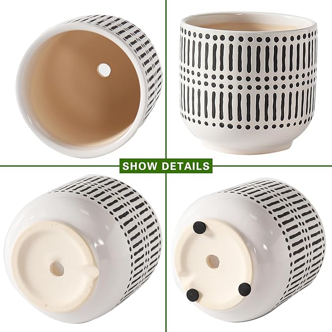 Docrin Plant Pots Ceramic: 6.5+5.3+4 Inch Flower Pots with Drainage Holes for Home/Office - Set of 3/White and Black