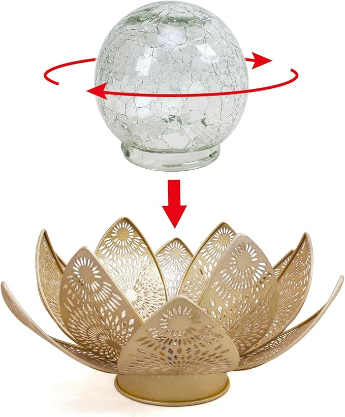 Solar Lights Outdoor Waterproof Lotus Flower Metal Yard Art Decoration Crackle Globe Glass Solar Lamp Garden Decor for Outside, Flowerbed Lawn Patio Porch Pathway Pond Decorations