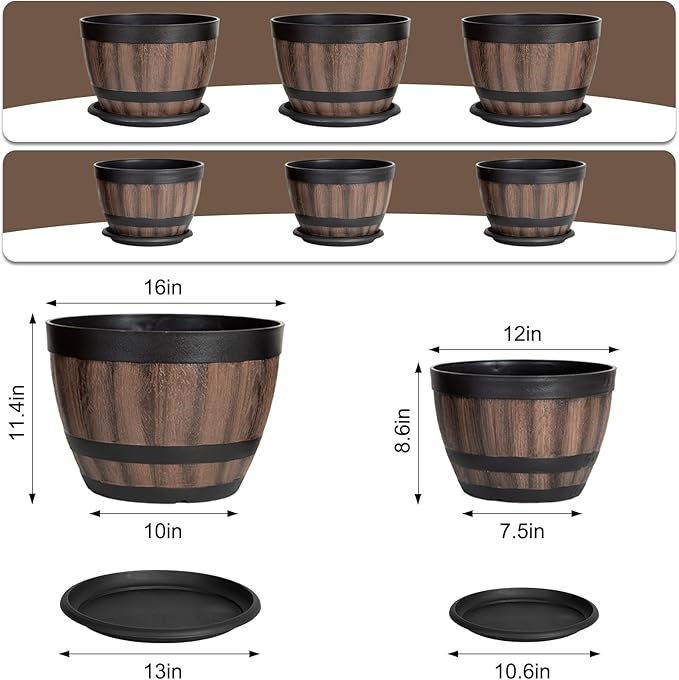 6 Pack Plant Pots with Drainage Holes, Include 3 Each of 16/12 inches Flower Pots with Saucers, Plastic Imitation Wine Barrel Design for Indoor Outdoor Garden Home Plants