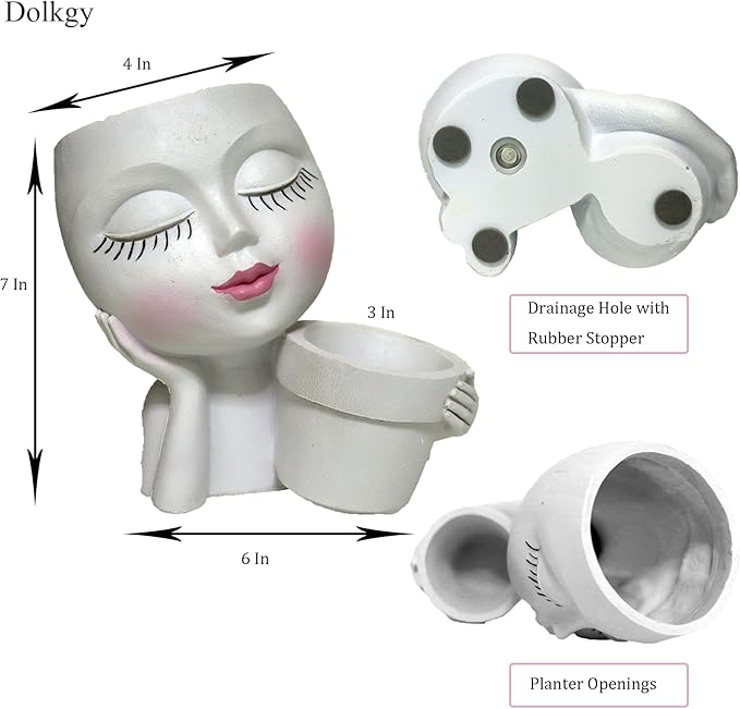 Head Planter Face Flower Pot, Dolkgy Woman Face Planter Unique White Head Planters for Indoor Outdoor Plants, Novelty Plant Pot Cute Lady Head Vase with Drainage Hole for Home Garden Succulents Cactus