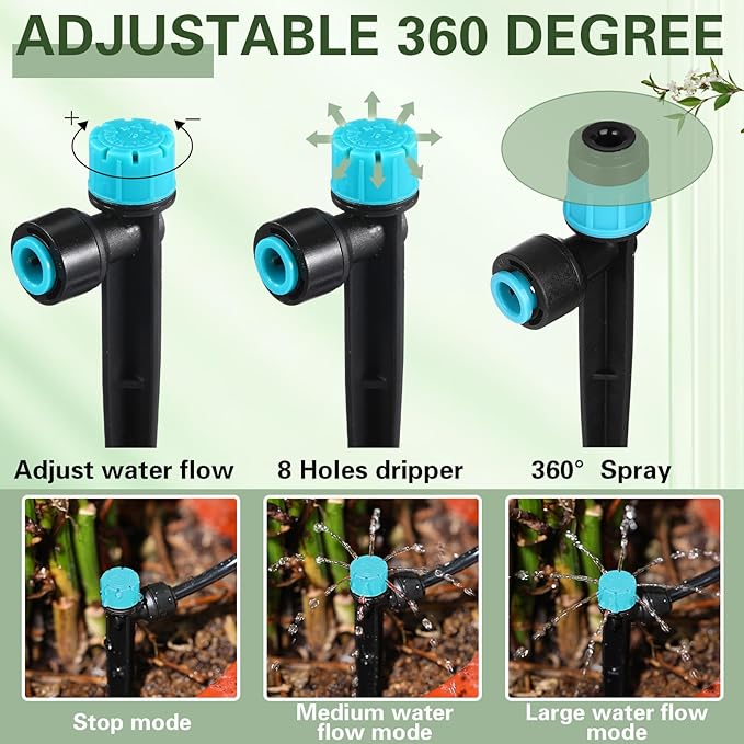 100 Pcs Drip Irrigation Emitters for 1/4" Tubing 50 Micro Irrigation Emitters Sprayer 50 Adjustable 360 Degree Water Flow Drippers for Garden Irrigation System(Blue, Fast Connect)