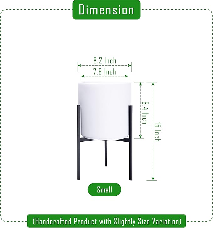 D'vine Dev Modern White Plants Pot Cylinder Planter with Heavy Duty Stand, Small 8 Inch Pot, 15 Inch with Stand Height, 96-T-A-1