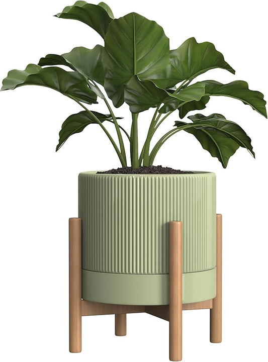 Ceramic Planter Pots Indoor with Drainage Hole & Saucer,Including Stand,7.3 Inch Mid-Century Modern Cylinder Plant Pot for Snake Flower Leaf Green