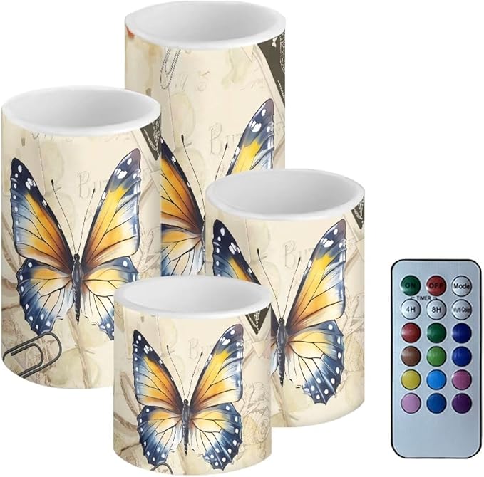 Flameless Candles Battery Powered with Multicolor Lights Timer Remote Control Everlasting Fake Candles for Party Garden Indoor Outdoor Wedding Decoration, Butterfly Yellow Retro