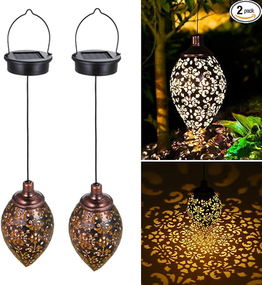 Hanging Solar Lights Solar Lantern LED Garden Lights Metal Lamp Waterproof for Outdoor Hanging Decor (2 Pack)