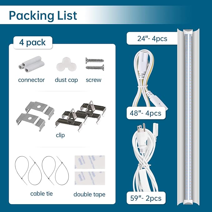 Barrina Grow Light, 96W(4 x 24W, 600W Equivalent), 2ft T8, Super Bright, Full Spectrum Sunlight Plant Light, LED Grow Light Strips, Grow Light Bulbs for Indoor Plants, 4-Pack