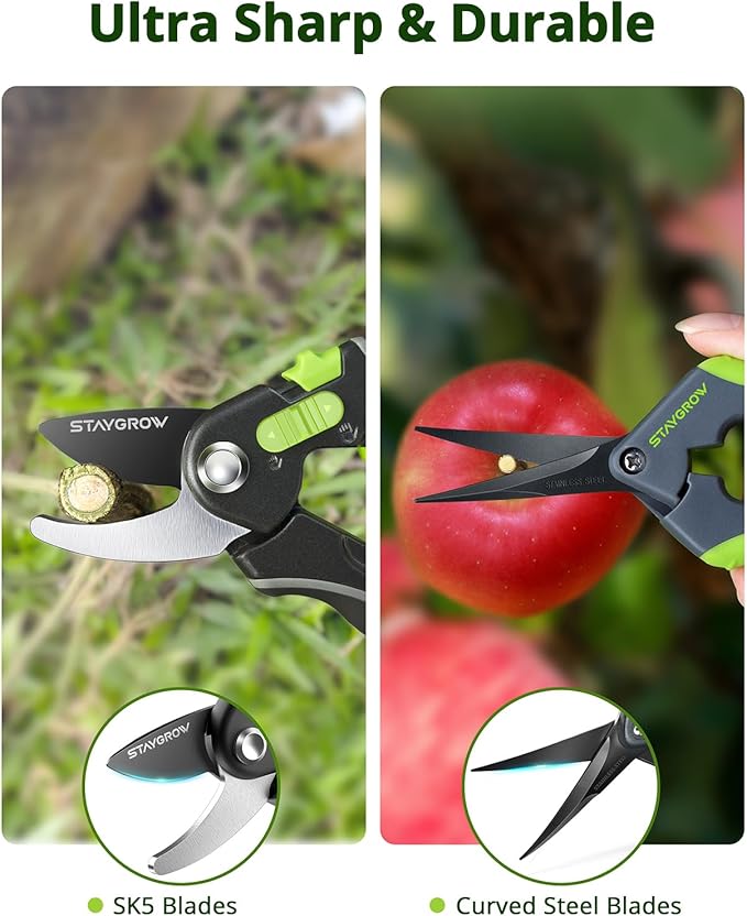 Pruning Shears for Gardening 2 Pack, 8.5" Bypass Garden Clippers and 6.5" Curved Gardening Shears, Pruners with Super Sharp Stainless Steel Blades, Safety Lock, Gardening Gifts for Men Women