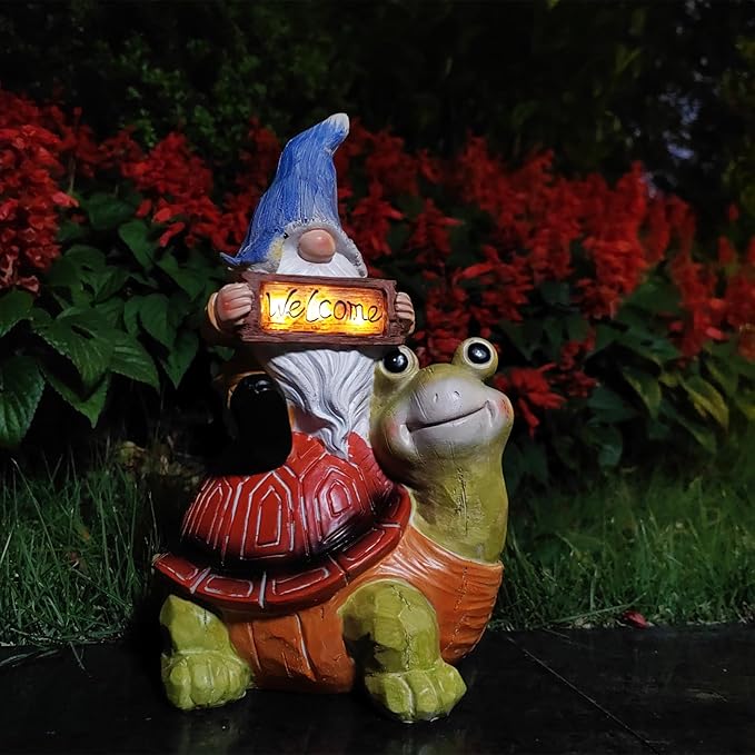 Welcome Solar Gnome Clearance Riding Turtle Statue for Garden Decor - Solar Outdoor Christmas Statue Sculpture Home and Garden Decor for Patio,Yard,Balcony Ornament,Turtle Figurine Light Gifts