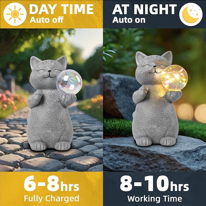 Cat Garden Statue with Solar Ball Light 7.3" Resin Cat Figurine Waterproof for Front Proch Patio Lawn Yard Balcony Decor Birthday Housewarming Gifts for Women Sister Girlfriend Grandma