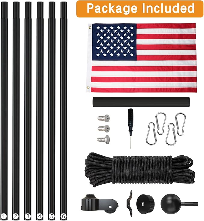 NELXINJO 25FT Sectional Flag Pole Kit, Heavy Duty Aluminum Outdoor In-Ground Flagpole, Black Ball Top, 3x5 USA Flag for Residential commercial Outdoor Garden(25FT, Black)