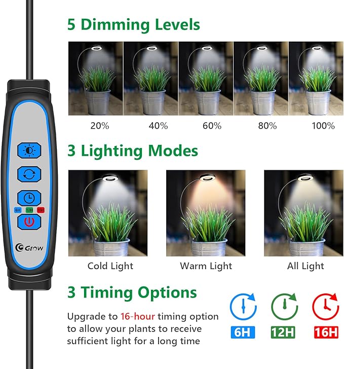 Clip on Grow Light, 6000K Plant Lights for Growing Small Plants, Full Spectrum Grow Lights for Indoor Plants 2 Installation Options, Black Halo LED Grow Lamp with 6/12/16H Timer