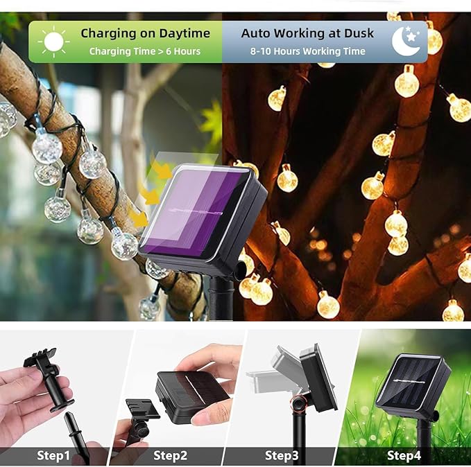 Solar String Lights Outdoor 2 Pack 200 Led 80FT Warm White Crystal Globe Lights with 8 Lighting Modes, Waterproof Solar Powered Patio for Garden Yard Porch Wedding Party Decoration