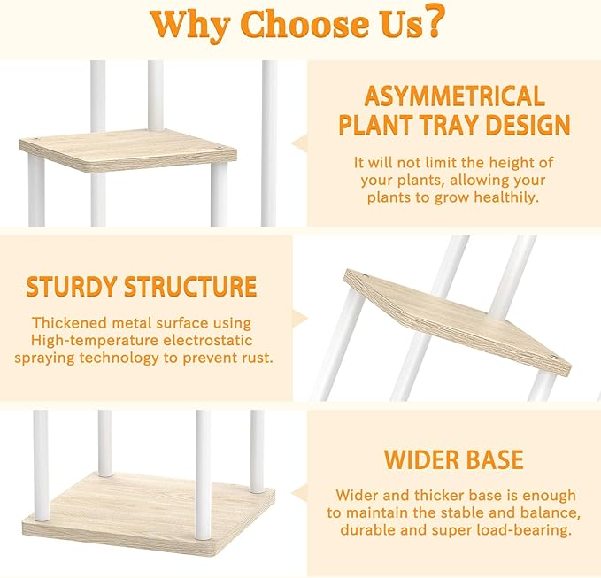 3 Tier Plant Stand Indoor Outdoor, Metal Wood Tiered Corner Plant Stands Pot Holder, Wood Flower Shelf Display Rack for Living Room Bedroom Balcony Garden Patio, White (3 tier)