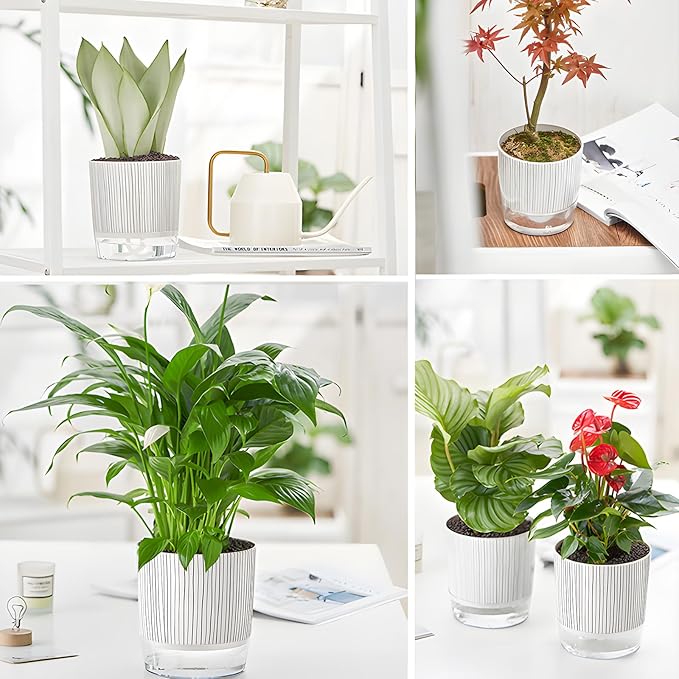 4 Pack Self Watering Pots Set, 4+5.5 Inch Self Watering Pots for Indoor Plants, Planter Pot with Wick Rope and Reservoir for African Violet, Spider Plant, Orchid