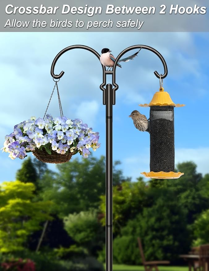 Outdoor Double Shepherds Hook with 5 Prong Base, 76 Inch Adjustable Heavy Duty Two Sided Bird Feeder Pole Stand for Hanging Plant Baskets, Solar Light Lanterns, Hummingbird Feeder, 2 Pack