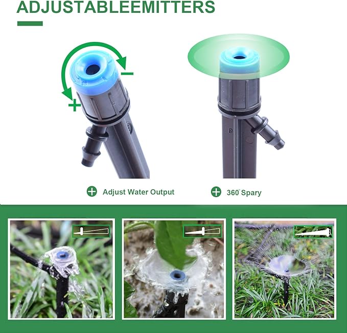 100PCS Drip Emitters Fan Shape with Stake Water Flow Adjustable for 1/4 inch Irrigation Tube Hose, 360 Degree Sprayer Perfect for Irrigation System Watering Kits for Garden Patio Lawn Flower Bed
