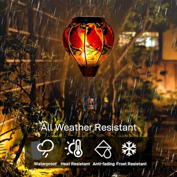 DREAMSOUL 2PCS Cardinal Hot Air Balloon Solar Lantern, Hanging Glass Solar Lanterns Outdoor Waterproof for Yard Party Gift