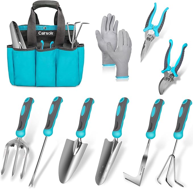 Gardening Tools, Carsolt 10 Piece Heavy Duty Stainless Steel Garden Tools Set with Ergonomic Rubber Handle. Variety of Gardening Hand Tools for Planting Gardening Kit with Gift Box Ideal Garden Gifts