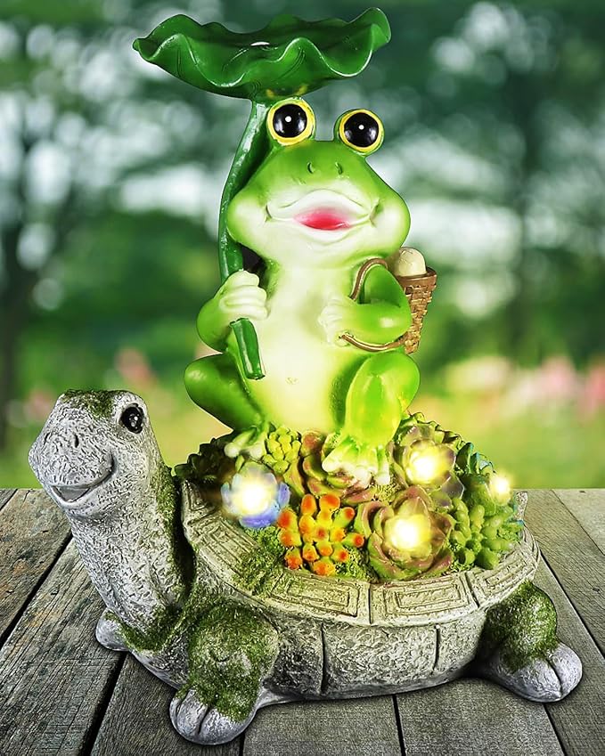 Solar Garden Statues Garden Decor Figurine Lights for Outside,Frog Gardens Statue,Fairy Garden Accessories,Valentine's Day Gift,Lawn Decor Tortoise Statue for Patio,Balcony,Yard Ornament