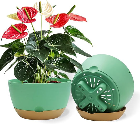 10 Inch Pots for Indoor Plants, Large Self Watering Planters with Drainage and Saucers, Plastic Outdoor Flower Pot, Set of 2, Green