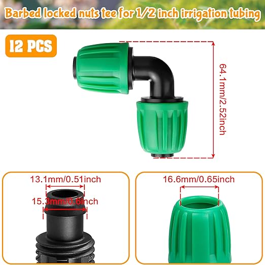 Drip Irrigation 1/2" Elbow Fittings：1/2 Inch Drip Line Lock Barbed 90 Degree Elbow Connectors for 1/2 Drip Irrigation Tubing (1/2" ID x 0.640" OD) Anti-Drop Drip Irrigation Parts (12 Pieces)