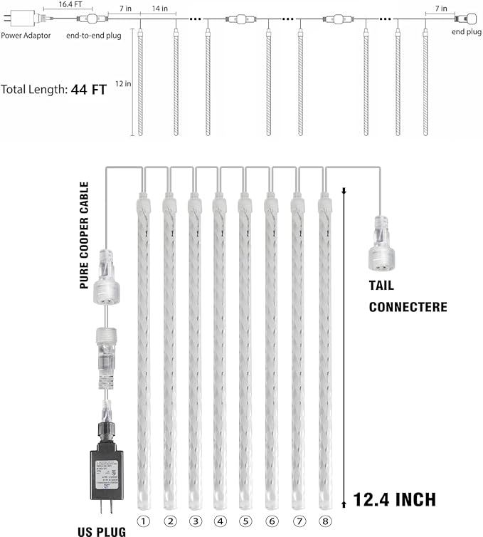 TW SHINE Christmas Meteor Shower Lights Outdoor, 864 LED 12" 24 Tubes Waterproof Christmas Lights Outdoor Plug in, Snow Falling Rain Icicle Xmas Lights Decorations, Warm White