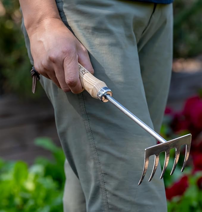 Burpee 11" Stainless Steel Tine Cultivator Durable Long Lasting Garden Tool Leather Wrist Strap Rake, 10 Year Warranty, Oak