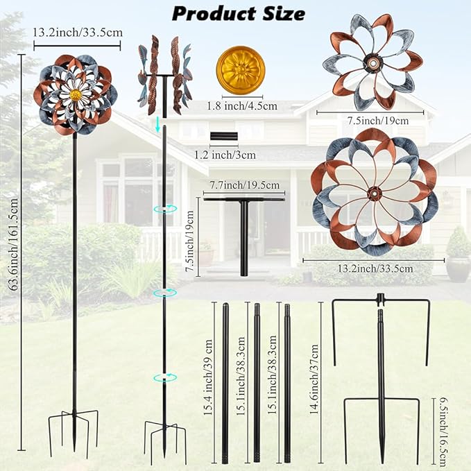 VEWOGARDEN 360° Outdoor Metal Wind Spinners Kinetic Wind Sculptures & Spinners for Yard Garden Lawn Patio Decorations, Gray & Bronze
