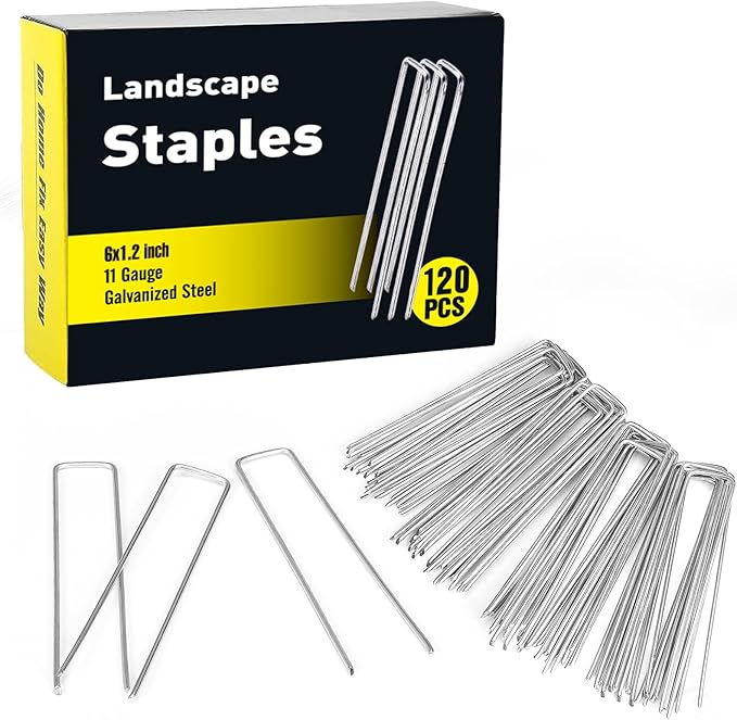 HongWay 120 Pack 6 Inch Landscape Staples 11 Gauge Garden Staples, Galvanized Garden Stakes U-Shaped Sod Pins, Lawn Yard Ground Fence Stakes for Anchoring Landscaping Fabric Irrigation Tubing