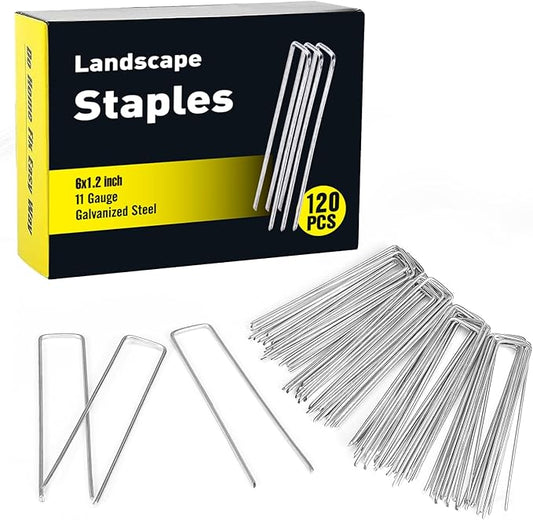 HongWay 120 Pack 6 Inch Landscape Staples 11 Gauge Garden Staples, Galvanized Garden Stakes U-Shaped Sod Pins, Lawn Yard Ground Fence Stakes for Anchoring Landscaping Fabric Irrigation Tubing