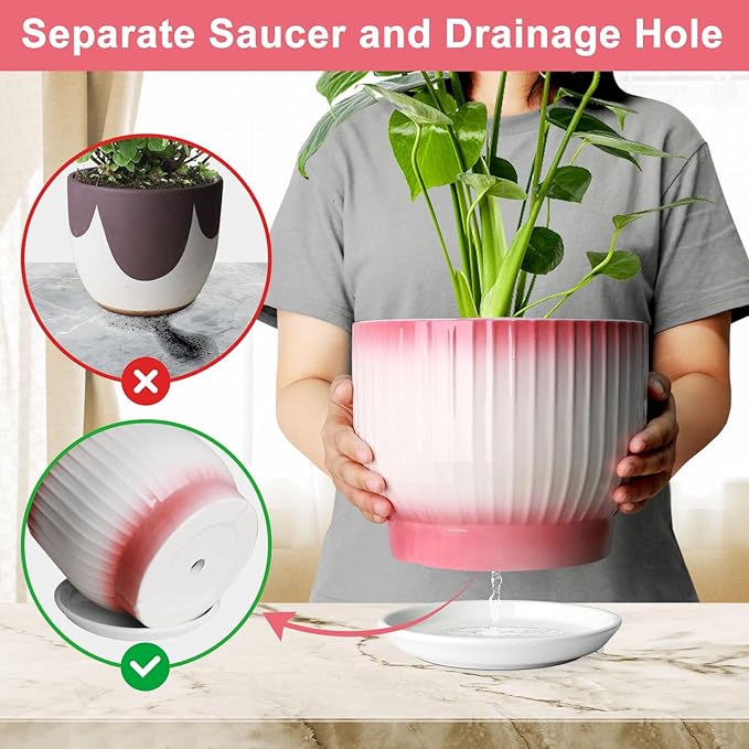 8 Inch Plant Pot, Ceramic Planter with Drainage and Saucer, Ceramic Pots for Plants, Indoor Plant pots,Ceramic Flower pots(Pink + White, Plants NOT Included)