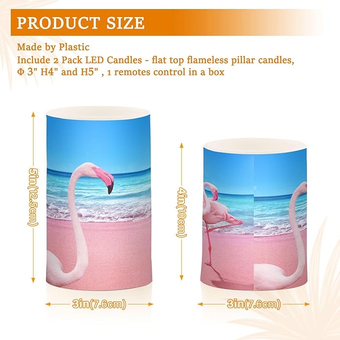 Flickering Flameless Candles, Pink Flamingo on Beach LED Candles with Remote Timer, Set of 2 Battery Operated Candle for Valentine Wedding Birthday