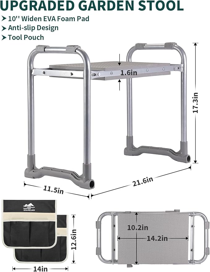 Garden Kneeler and Seat, Foldable Garden Stool 10.2" Width, Heavy Duty Knee Seat for Gardening with 2 Tool Pouches and Tool Bag & Gloves, Gardening Bench Accessories for Seniors (Black)