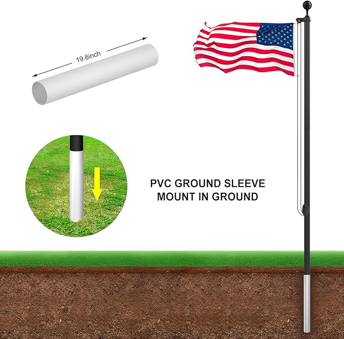 Flag Pole Kit 25FT, 12 Gauge 1.8mm Thickness Heavy Duty Flag Poles with 3x5 American Flag, Black Flag pole for Outdoor House In Ground, Extra Thick Flagpoles Suitable for Yard and Garden